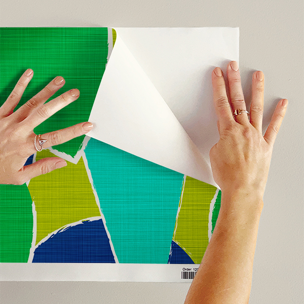 An abstract composition featuring irregular, rounded shapes in vibrant colors. The main colors include bright green, lime green, turquoise, and dark blue, all separated by white, jagged outlines. The shapes overlap and intersect dynamically, forming an energetic and playful pattern. The overall texture has a fabric-like appearance with subtle horizontal and vertical lines running through the colors.